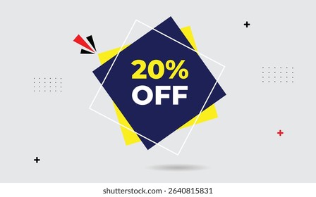 Grab 20% off editable web banner vector art illustration icon label badge in dark blue yellow white shapes on light gray background minimal design perfect for ads social posts and promotions