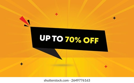 Grab up to 70% off editable web banner vector art illustration label icon badge template design with black shapes orange yellow sun shine abstract background unique modern style for promotions