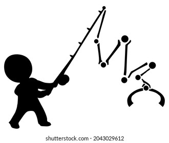 Grab arm angler figure silhouette stencil black, vector illustration, horizontal, over white, isolated
