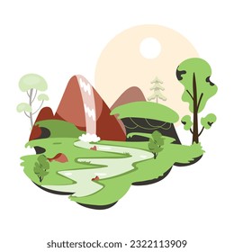 Grab captivating flat illustration of forest waterfall 