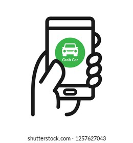 Grab car application mobile in hand. Simple line icon. Isolate on white background.