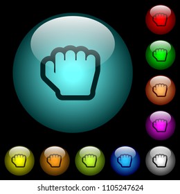 Grab cursor icons in color illuminated spherical glass buttons on black background. Can be used to black or dark templates