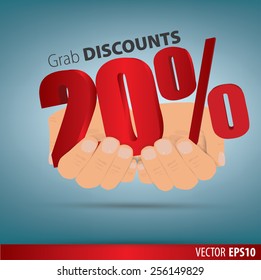 Grab discounts. Hands hold 20 percent discount. vector banner discount of 20 percent. EPS 10