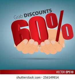 Grab discounts. Hands hold 60 percent discount. vector banner discount of 60 percent. EPS 10