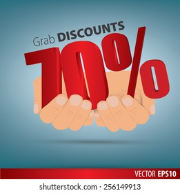 Grab discounts. Hands hold 70 percent discount. vector banner discount of 70 percent. EPS 10