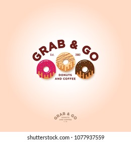 Grab and go Donuts logo. Bakery and donuts cafe emblem. Chocolate, pink and cream donuts with small candies and letters. Identity. Monochrome option.