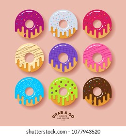 Grab and go Donuts logo. Bakery and donuts cafe emblem. Chocolate, pink and cream donuts with small candies and letters. Identity. Monochrome option.