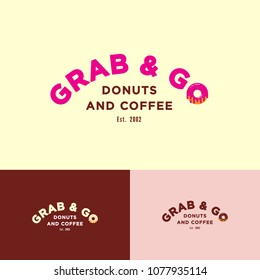 Grab And Go Logo. Letter O Like Donut With Cream And Small Candies. Bakery And Donuts Cafe Emblem. Identity. Different Donuts As Letter O.