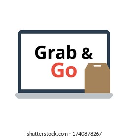 Grab and go vector. Shopping bag. Text on laptop screen. Business and marketing concept. Flat design on white background.