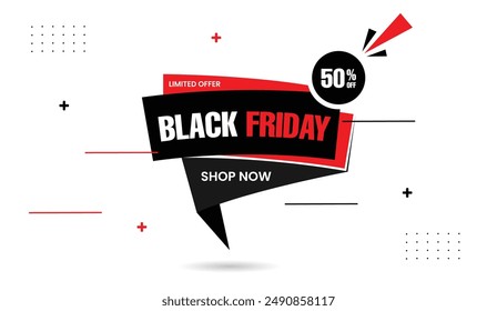 Grab the hottest deals this Black Friday with our limited time 'Shop Now' banner Save 50% on selected items! Featuring a sleek design with a white background and striking black and red shapes