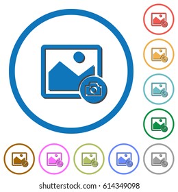 Grab image flat color vector icons with shadows in round outlines on white background