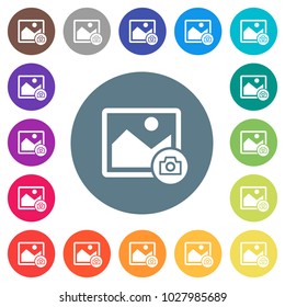Grab image flat white icons on round color backgrounds. 17 background color variations are included.