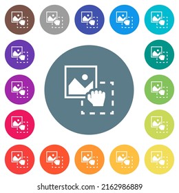 Grab image to upload flat white icons on round color backgrounds. 17 background color variations are included.