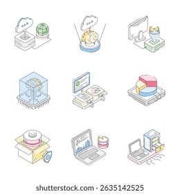 Grab latest collection of isometric icons showing data storage concepts