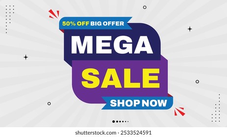 Grab the Mega Sale: 50% Off on Big Offers! Shop Now with Our Eye-Catching Sale Banner Featuring Dynamic Element Shapes in Red, Black, White, Yellow, and Purple Gradient Backgrounds