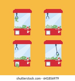 Grab and take the money. claw crane game machine for finance & business vector with dollar & bills isolated  & money icon graphic template. creative concept game flat design style vector for web. 