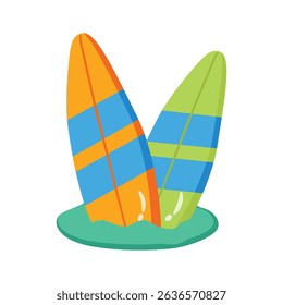 Grab this 2d icon of standing surfboards on shore