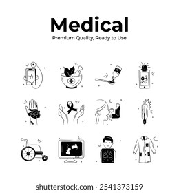 Grab this amazing medical and healthcare icons set in hand drawn doodle style