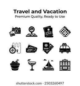 Grab this amazing travel and vacation icons set in modern style