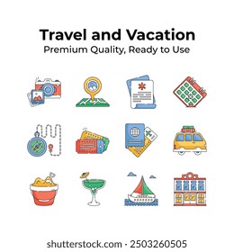 Grab this amazing travel and vacation icons set in modern style