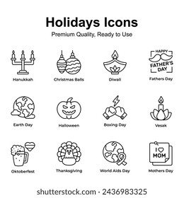 Grab this beautifully crafted holiday and festival icons pack, premium vectors set