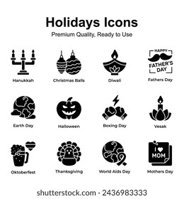 Grab this beautifully crafted holiday and festival icons pack, premium vectors set