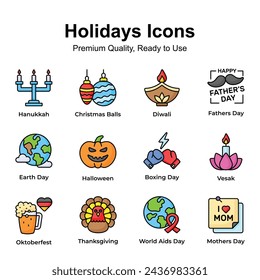 Grab this beautifully crafted holiday and festival icons pack, premium vectors set