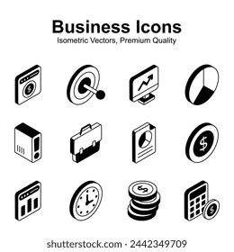 Grab this carefully crafted business isometric icons set in trendy style, ready for premium use