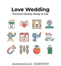 Pegue este conjunto de ícones de amor e casamento criativamente trabalhados