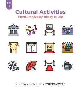 Grab this creatively designed cultural activities icons set, ready to use vectors