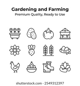 Grab this creatively designed gardening and farming icons