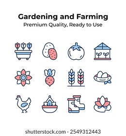 Grab this creatively designed gardening and farming icons