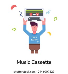 Grab this flat icon of man holding music cassette 
