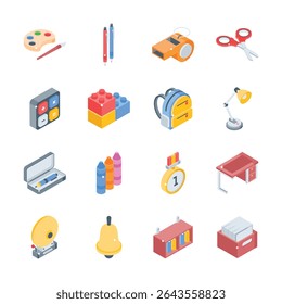 Grab this handy collection of school accessories isometric style icons