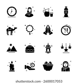 Grab this handy glyph collection depicting ramadan month icons 