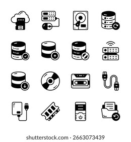 Agarra este práctico paquete de iconos de estilo de glifo de tecnología de base de datos