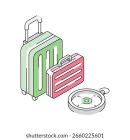 Greifen Sie dieses isometrische Symbol von stilvollen Reisetaschen mit Kompass