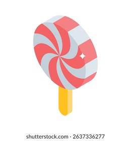 Grab this isometric style icon of swirl lollipop treat