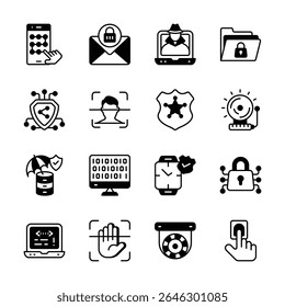 Grab this modern glyph collection depicting cybersecurity icons