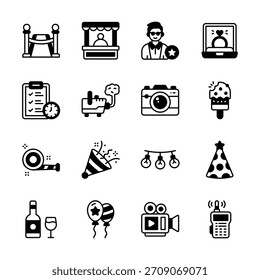 Agarra este moderno paquete de iconos de estilo de glifo de gestión de eventos