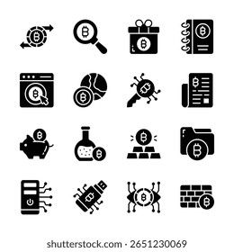 Grab this premium collection depicting bitcoin and trading glyph icons