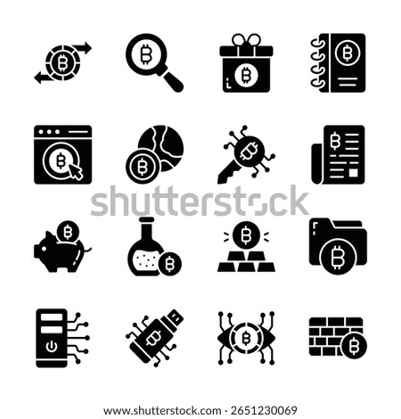 Grab this premium collection depicting bitcoin and trading glyph icons