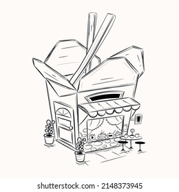 Grab this trendy hand drawn illustration of noodle shop 

