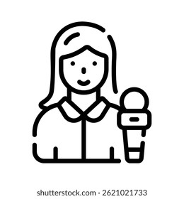 Agarre este ícone de linha da moda de repórter feminina com microfone de notícias