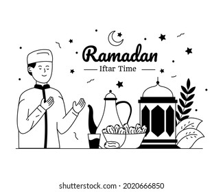 Grab this well designed glyph line illustration of ramadan iftar 