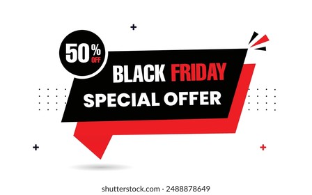 Grab unbeatable deals with our Black Friday special offer: 50% off! Stunning banner template with white backdrop and dynamic black and red shapes