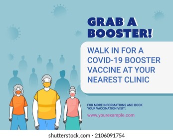 Grab Your Covid-19 Booster Vaccine From Nearest Clinic Message With People Wearing Safety Mask On Blue Background.