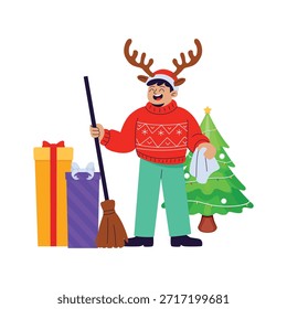 Agarra tus manos en esta increíble ilustración plana de limpieza y decoración de Navidad