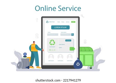 Grabage collector online service or platform. Cleaning worker emtying a bin into a garbage truck. Janitor cleaning street and sorting garbage. Flat vector illustration