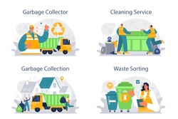 Grabage Collector Set. Cleaning Worker Emtying Bin Container Into A Garbage Truck. Janitor Cleaning Street And Sorting Garbage. Flat Vector Illustration